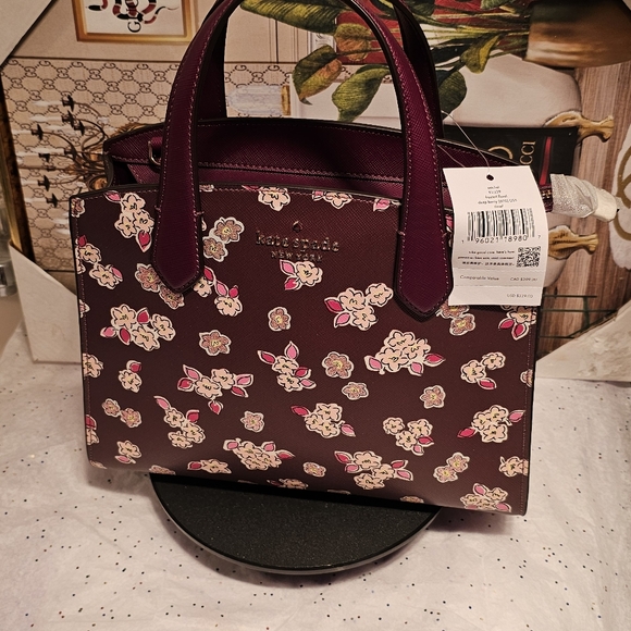 Kate Spade Tinsel Frosted Floral Deep Berry Satchel/Crossbody Bag - Picture 6 of 14
